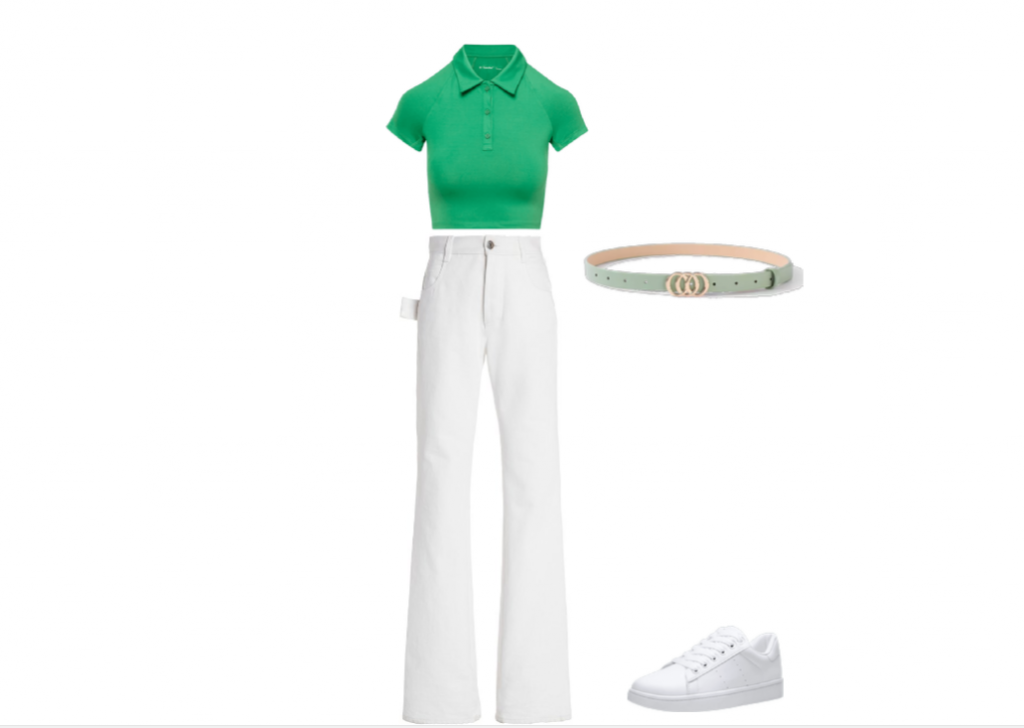 Outfit for apple-shaped body bootcut jeans, cropped polo, sneakers