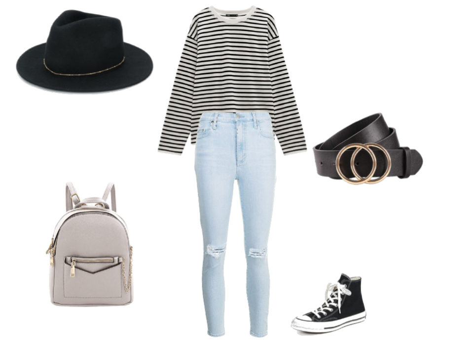 Outfit for apple-shaped body skinny jeans, striped top, sneakers
