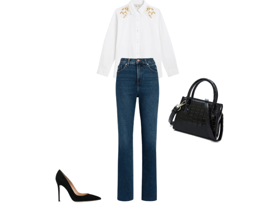 Outfit for apple-shaped body straight-leg jeans, high heels, shirt, black purse