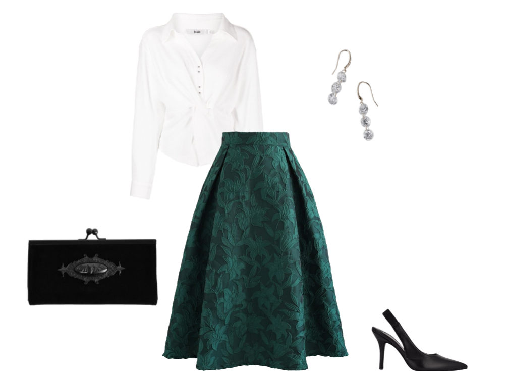 Outfit for pear-shaped body featuring a-line skirt
