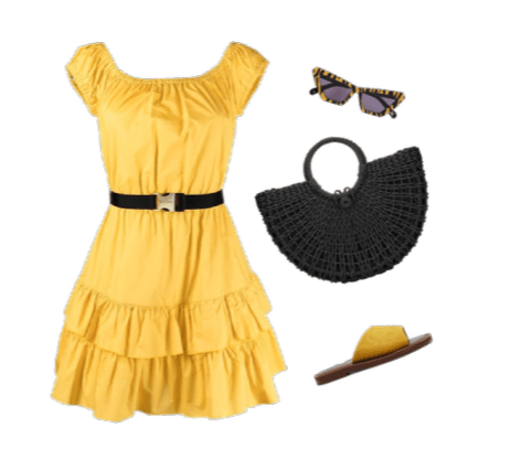 Bright dress with a belt outfit idea for banana shaped body
