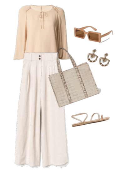 Shirt and linen pants outfit idea for women over fifty on vacation