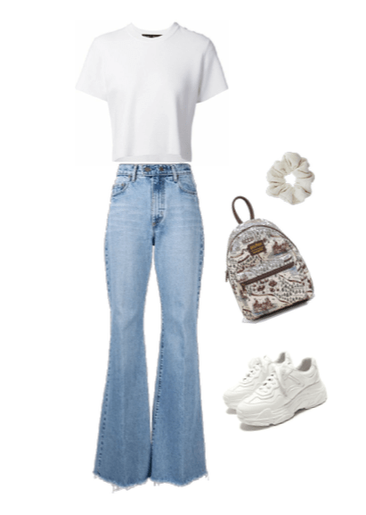 Flared jeans with T-shirt outfit idea for banana shaped body