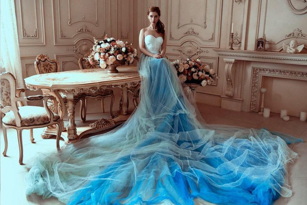 Long blue ombre wedding dress with heart-shaped corset