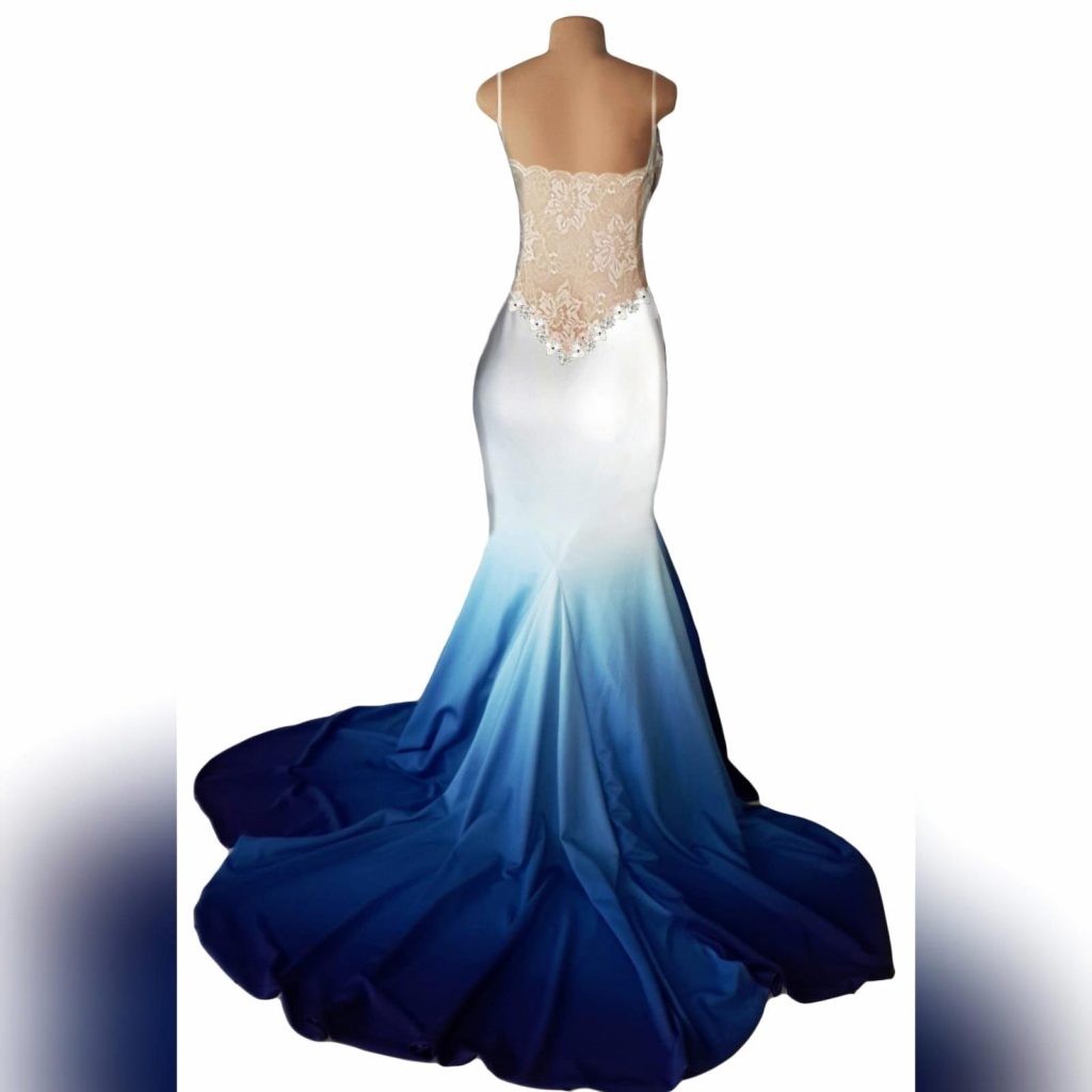 Silk blue ombre wedding dress with lace applique at the back