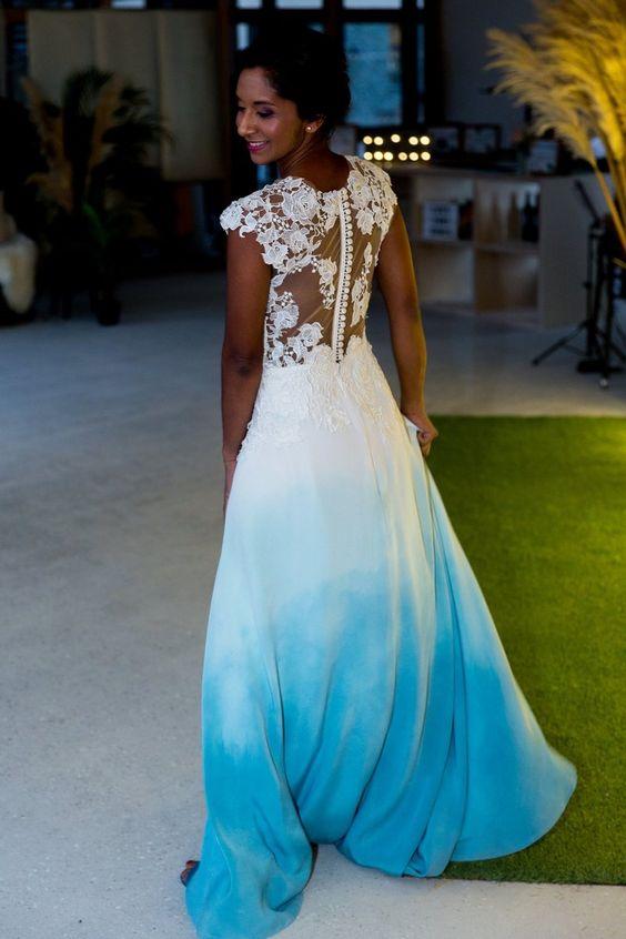 Blue ombre wedding dress with a lace applique