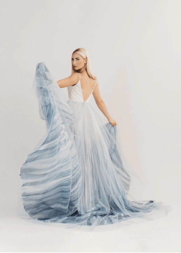 Plus-size blue ombre wedding dress with V-cut on the back