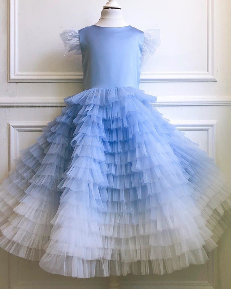 Puffy blue ombre wedding dress with ruffles for flower girl