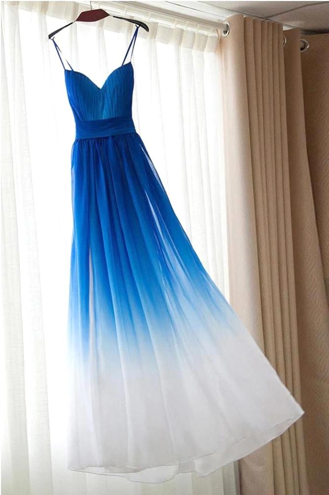 Blue ombre wedding dress for bridesmaids with spaghetti straps and a belt