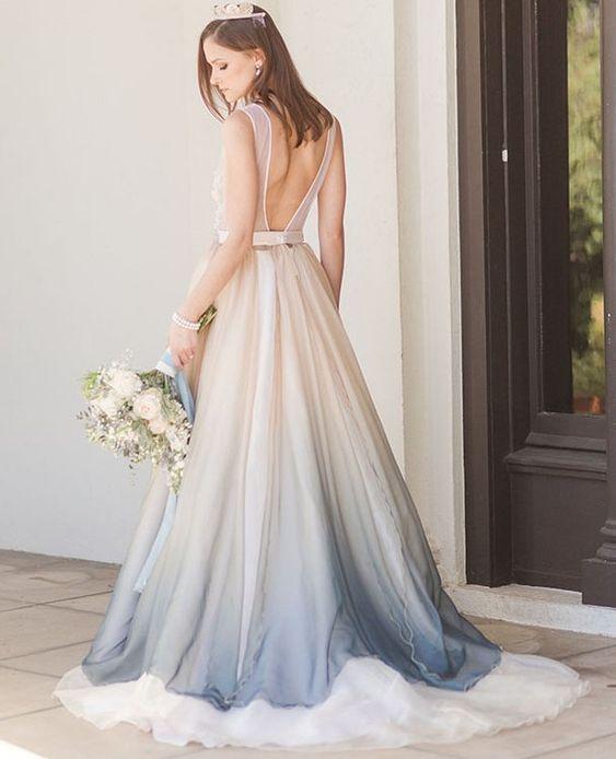Low-back blue ombre wedding dress for beach wedding