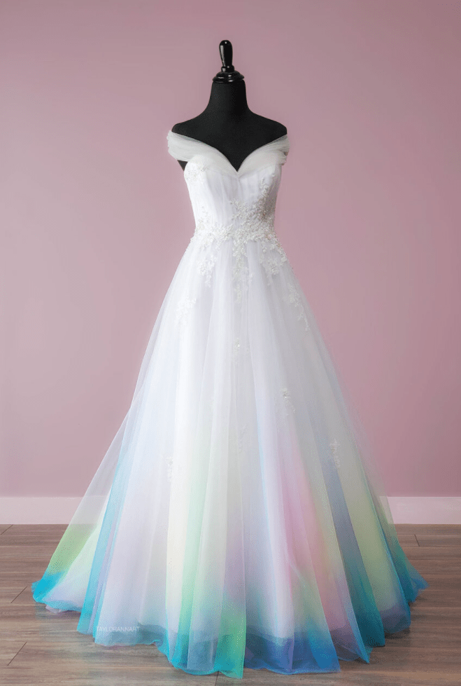 Off-shoulder pink-blue ombre wedding dress