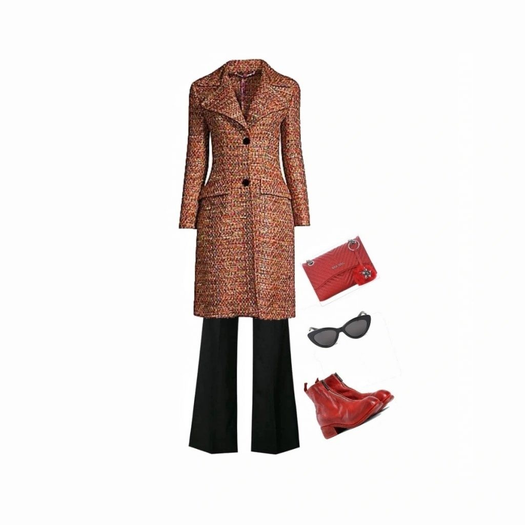 Red waisted coat outfit idea for inverted triangle body