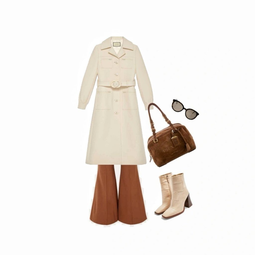 White belted coat outfit idea for inverted triangle body