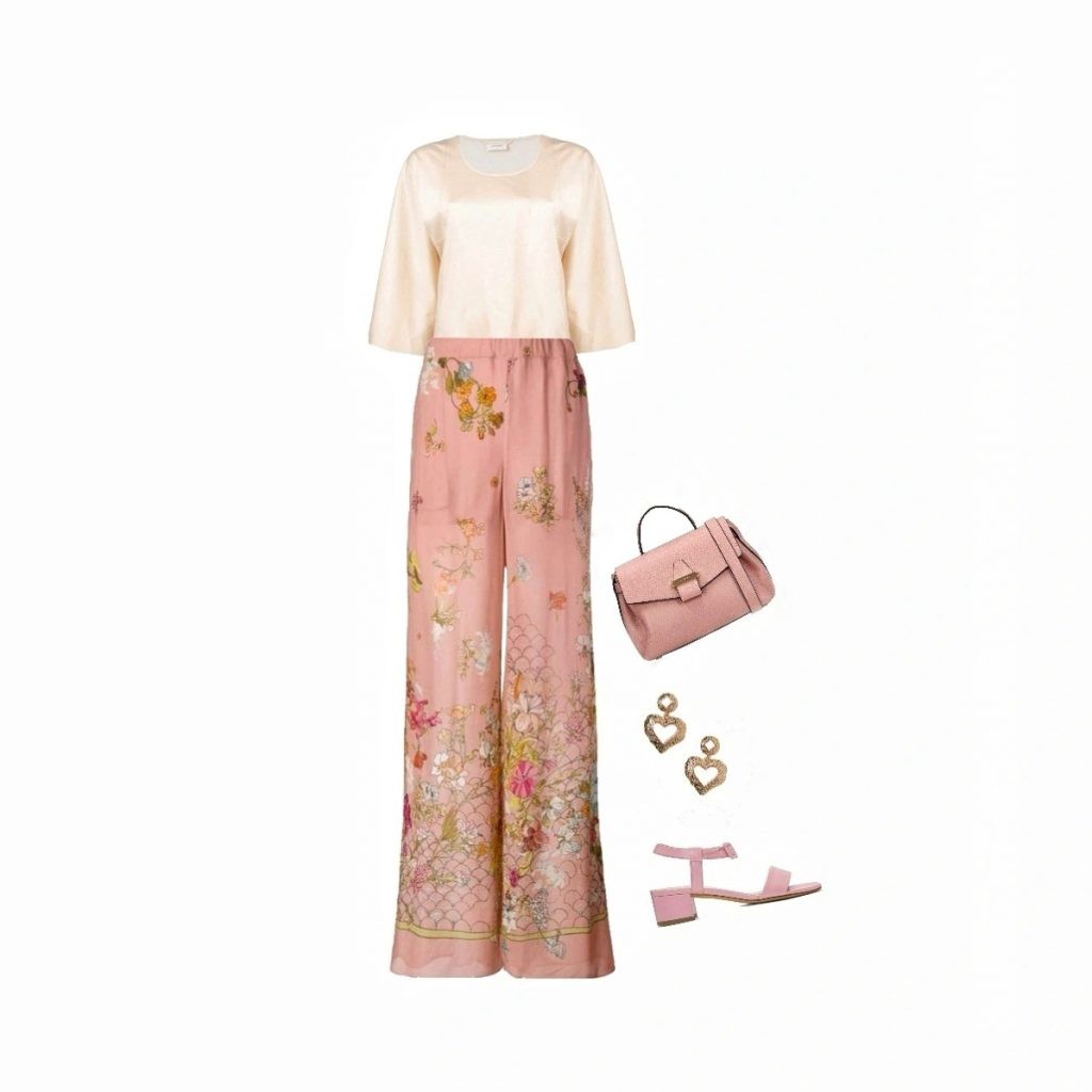 Floral silky pants outfit idea for inverted triangle body