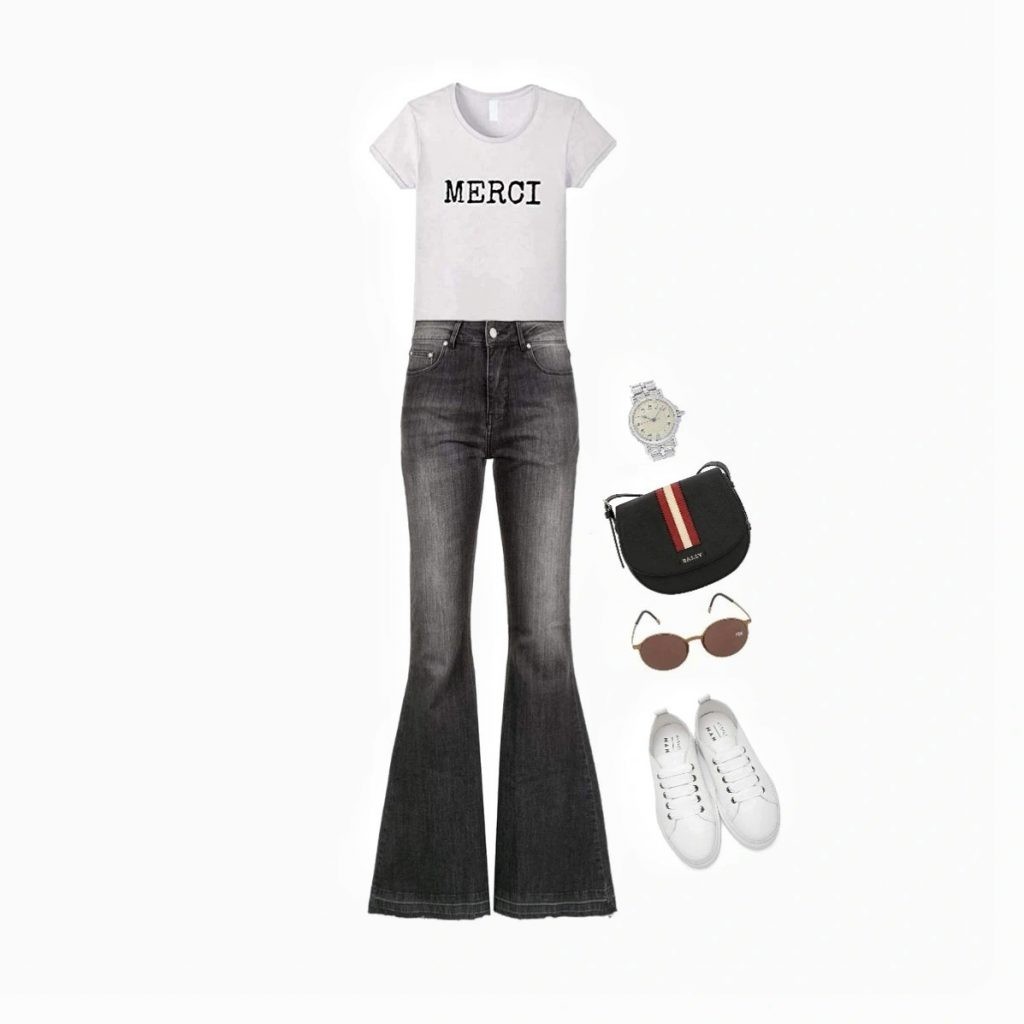 Casual outfit with bell bottom jeans idea for inverted triangle body