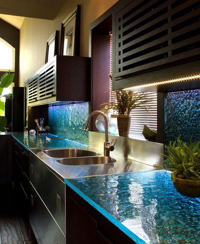 3D painted glass kitchen backsplash tile idea