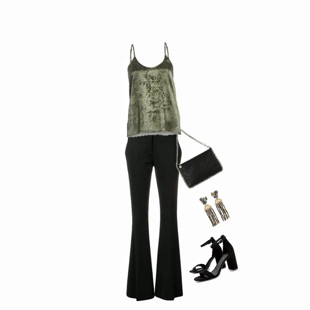 Sleeveless top with flared pants outfit idea for inverted triangle body type