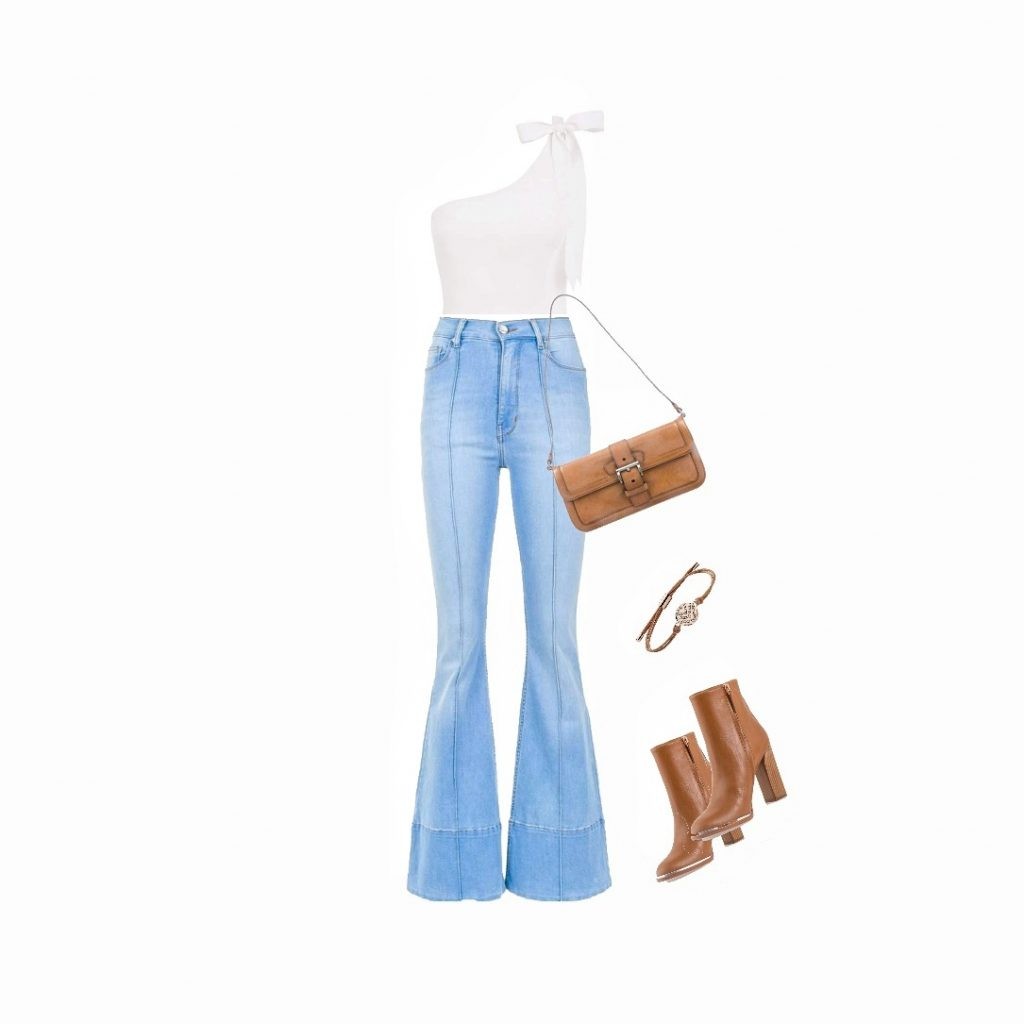 Asymmetrical cut neckline with bell bottom jeans outfit idea for inverted triangle body