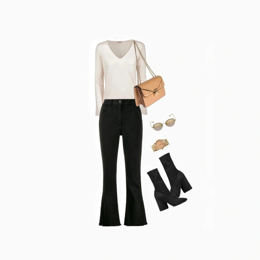 V-neck shirt with bell bottom pants outfit idea for inverted triangle body