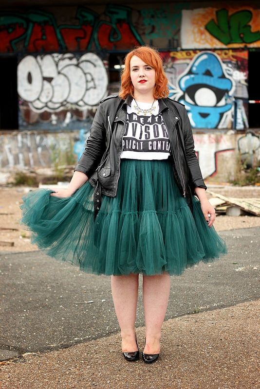 Flattering tulle skirt top leather jacket outfit