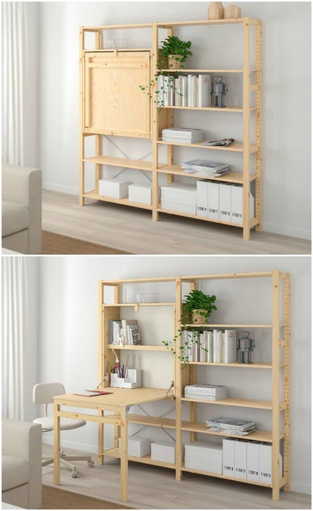 Book shelf-table storage idea for loft apartment