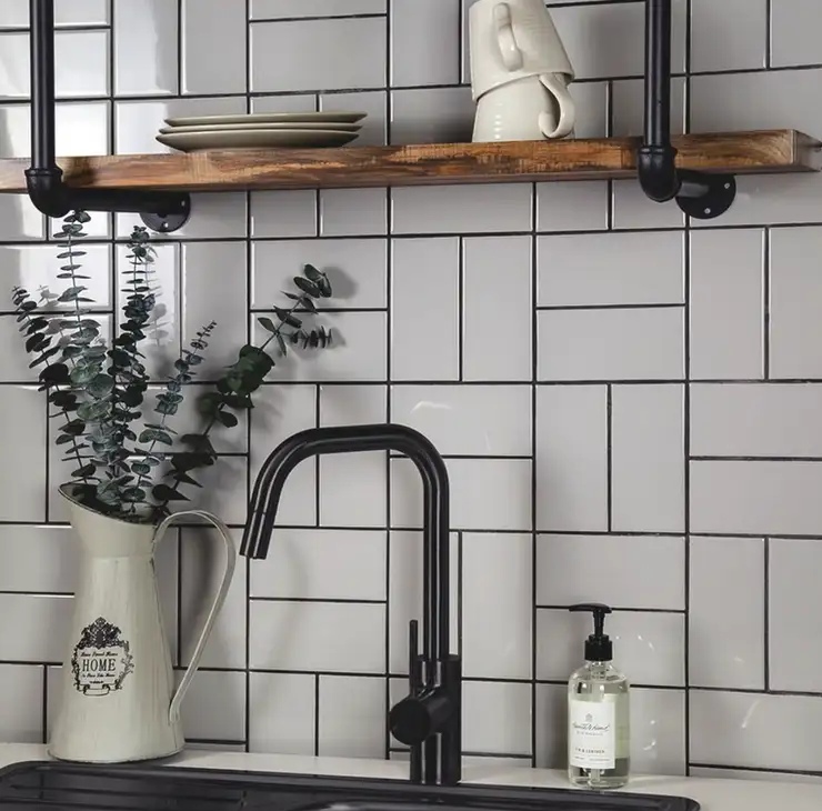 Kitchen design basketweave white subway tiles black grout