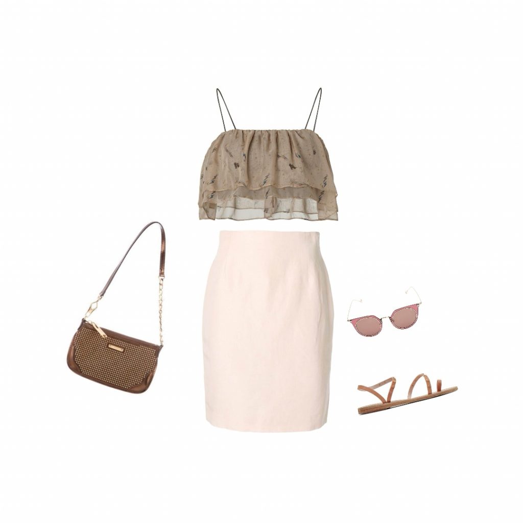 Casual outfit pencil skirt with a light sleeveless chiffon top