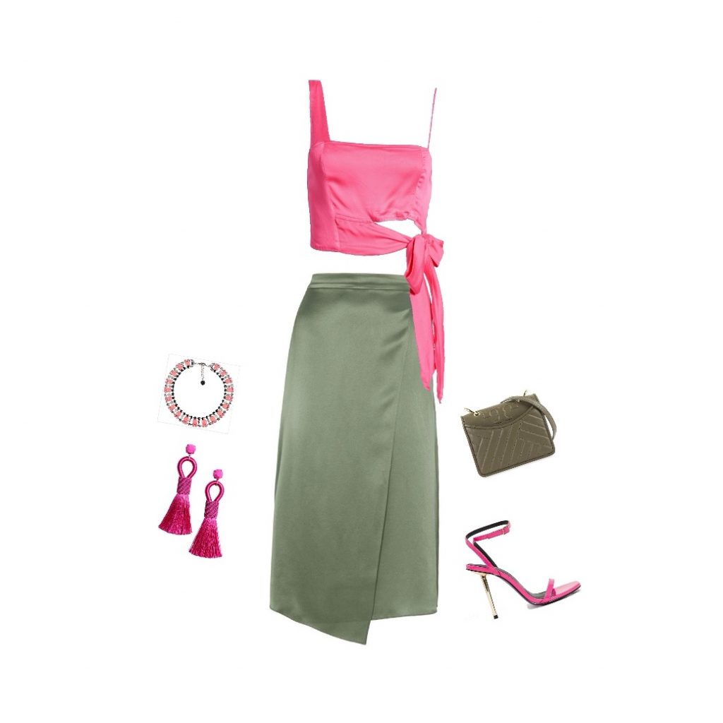 Green draped skirt with a pink tie-front crop top outfit