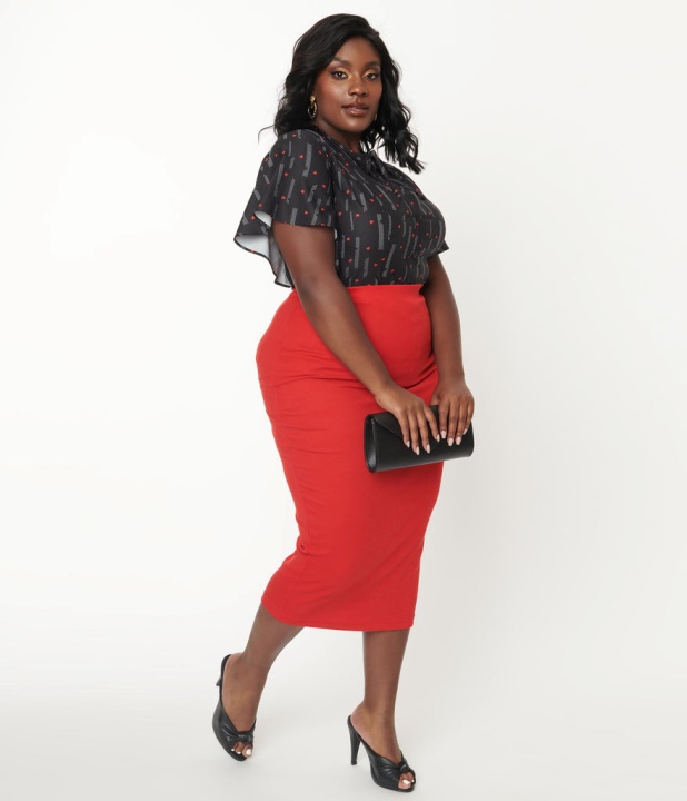 Red pencil skirt black blouse outfit
