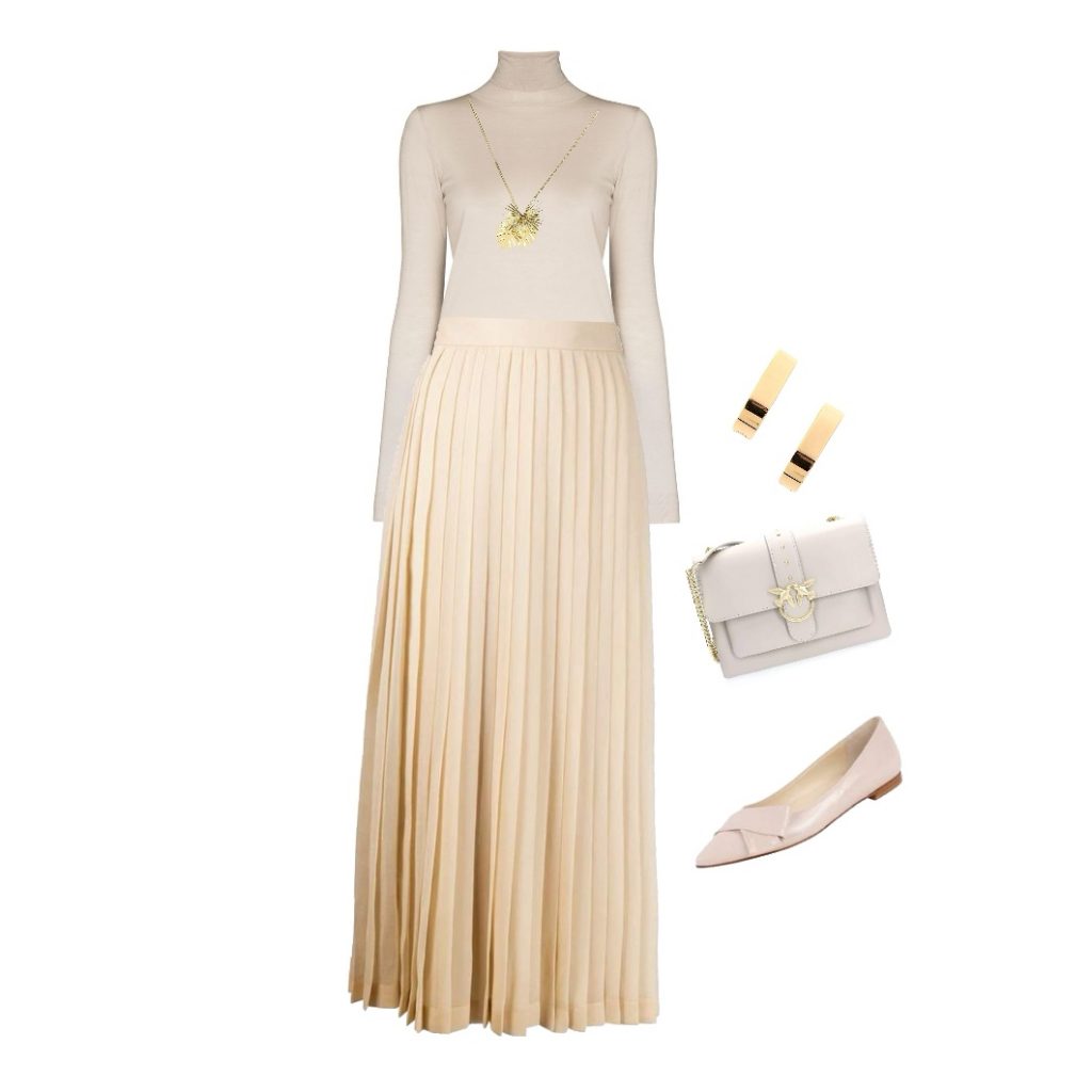 Beige turtleneck with a champaign pleated skirt outfit