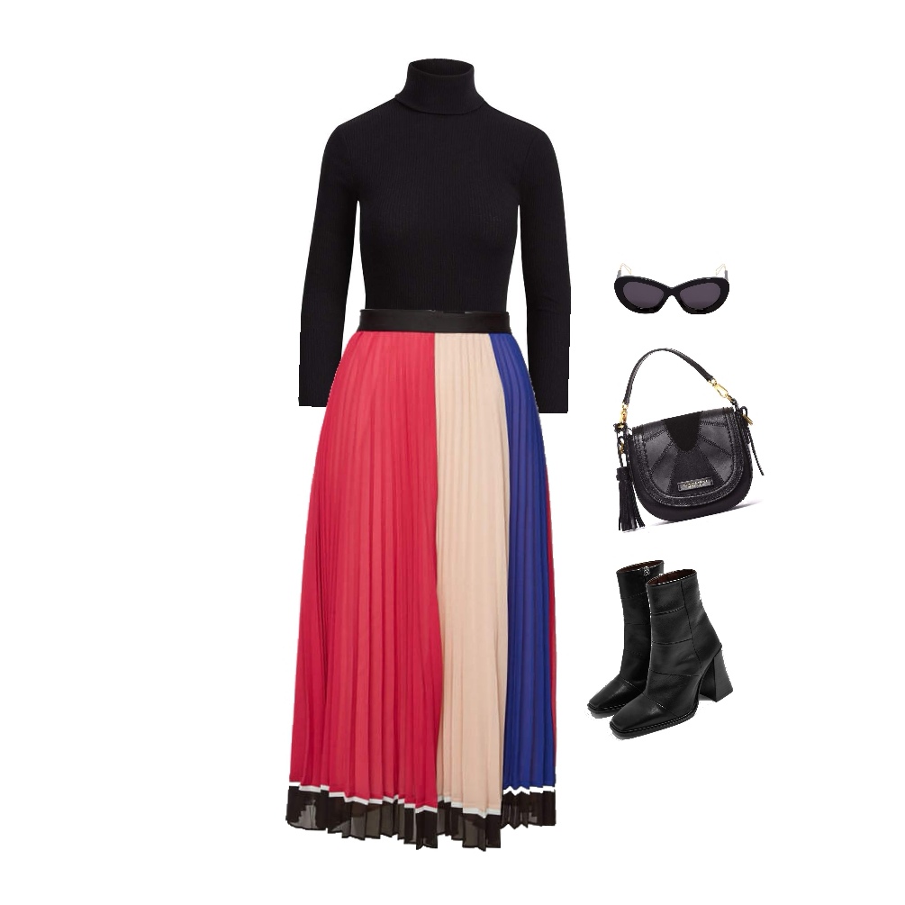 Colorful pleated skirt black turtleneck outfit