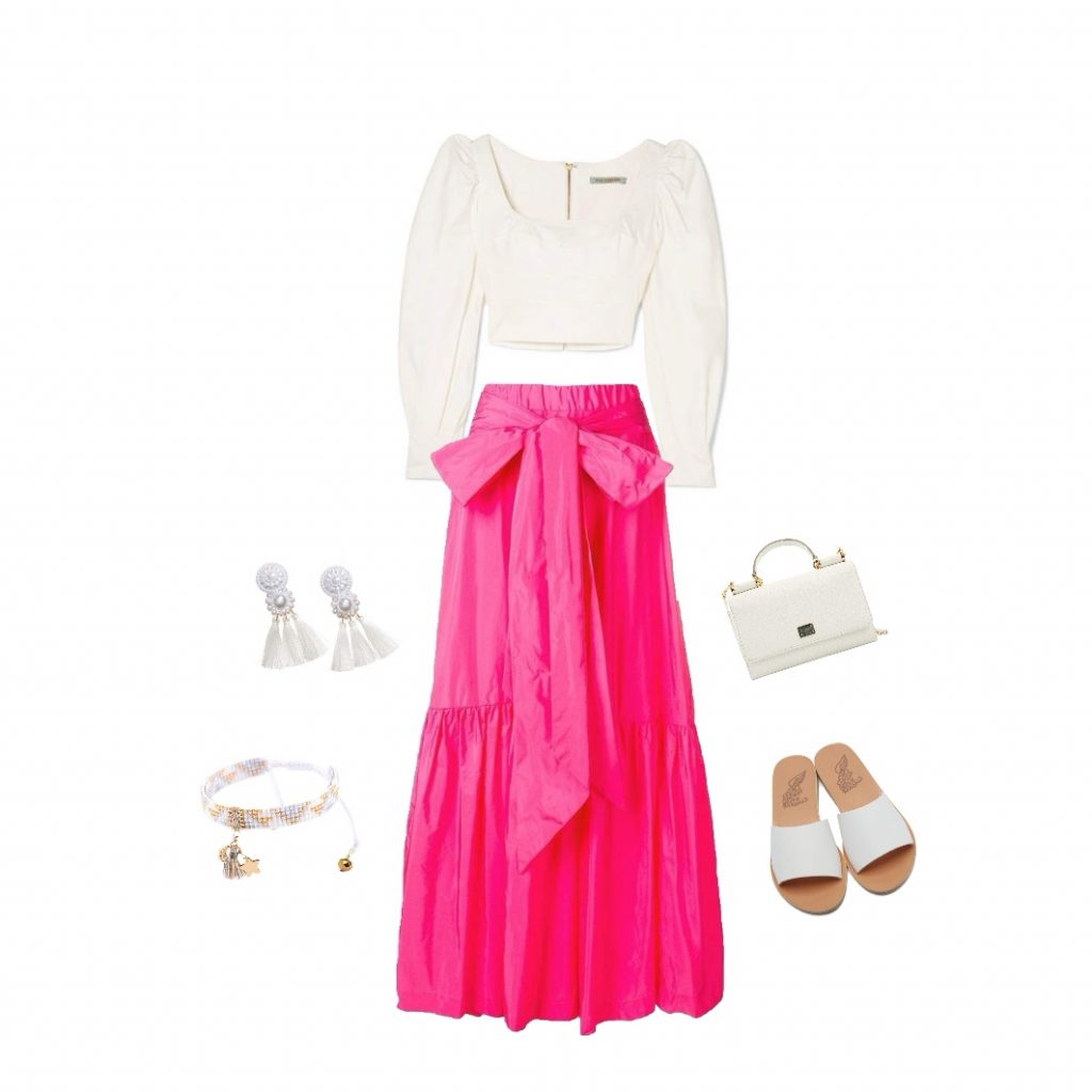 Pink maxi skirt white crop top outfit