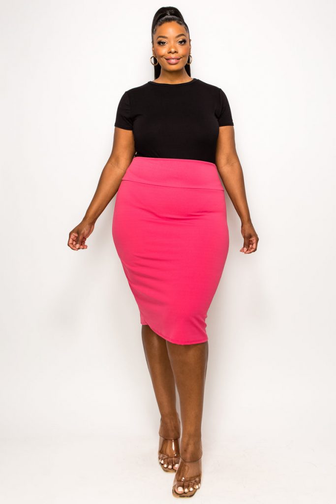 Neon pink pencil skirt black T-shirt outfit
