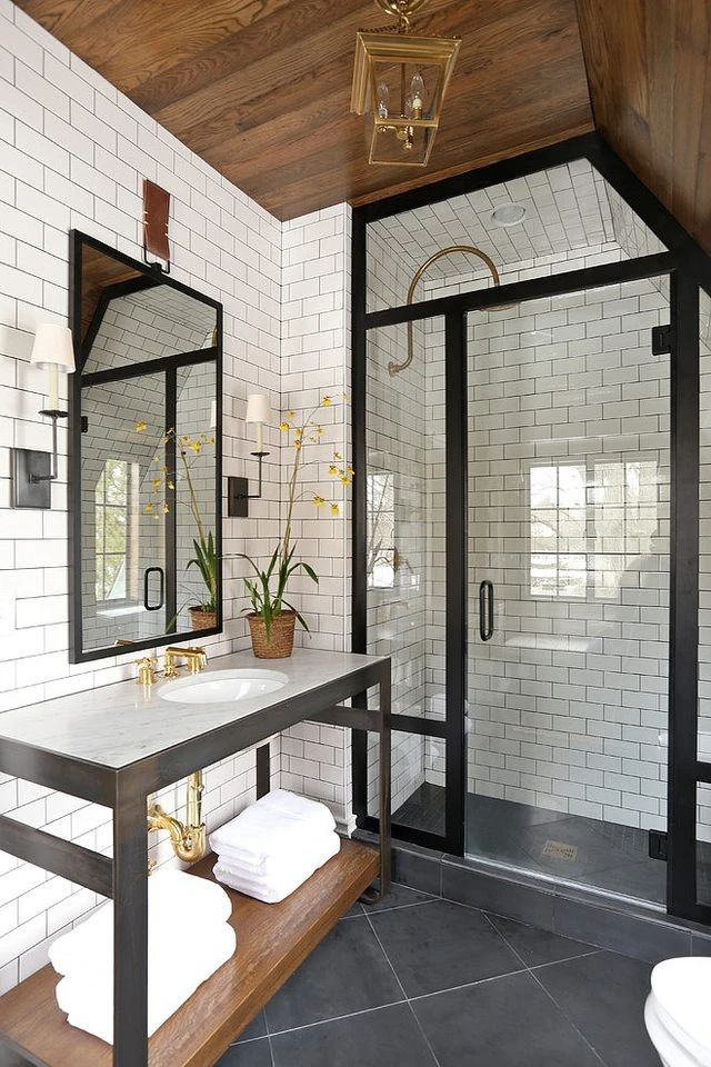 Bathroom design white subway tiles black grout wooden ceiling