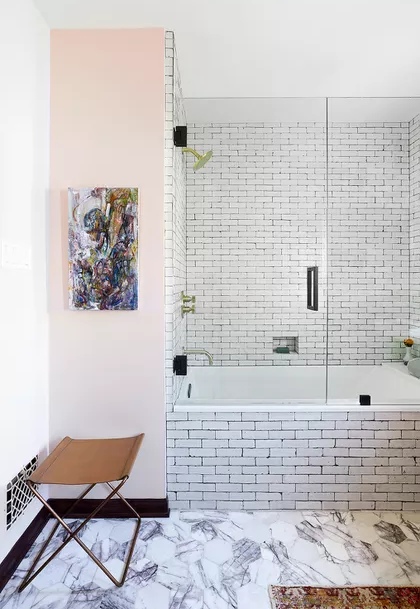 Bathroom design white subway 3D tiles black grout