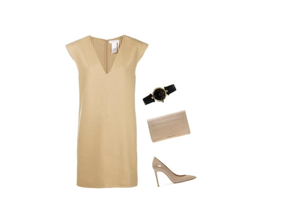 Beige shift cocktail dress for apple-shaped body