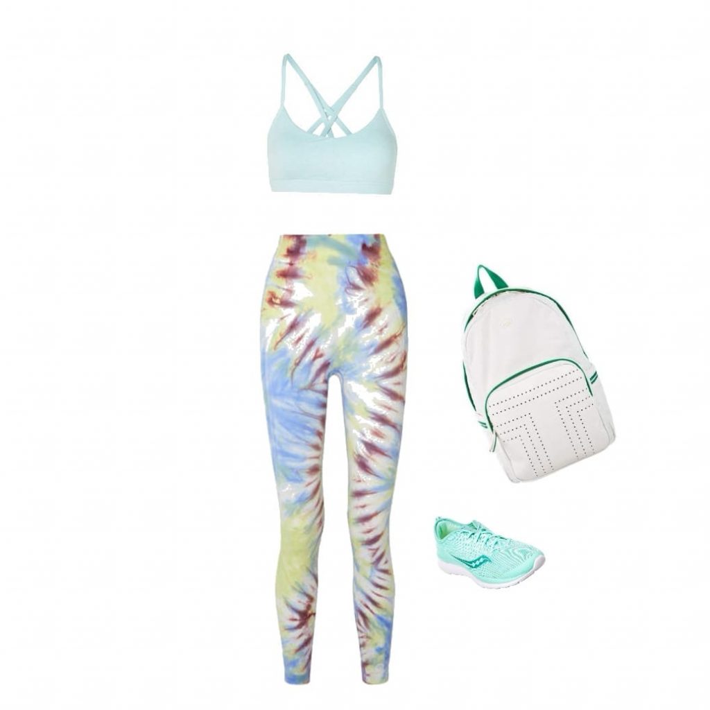 Top and patterned leggings Pilates outfit idea