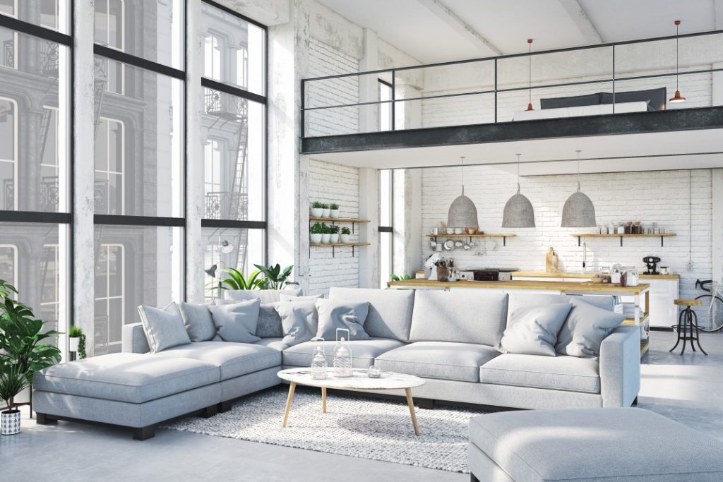 Blue couch grey carpet loft design idea