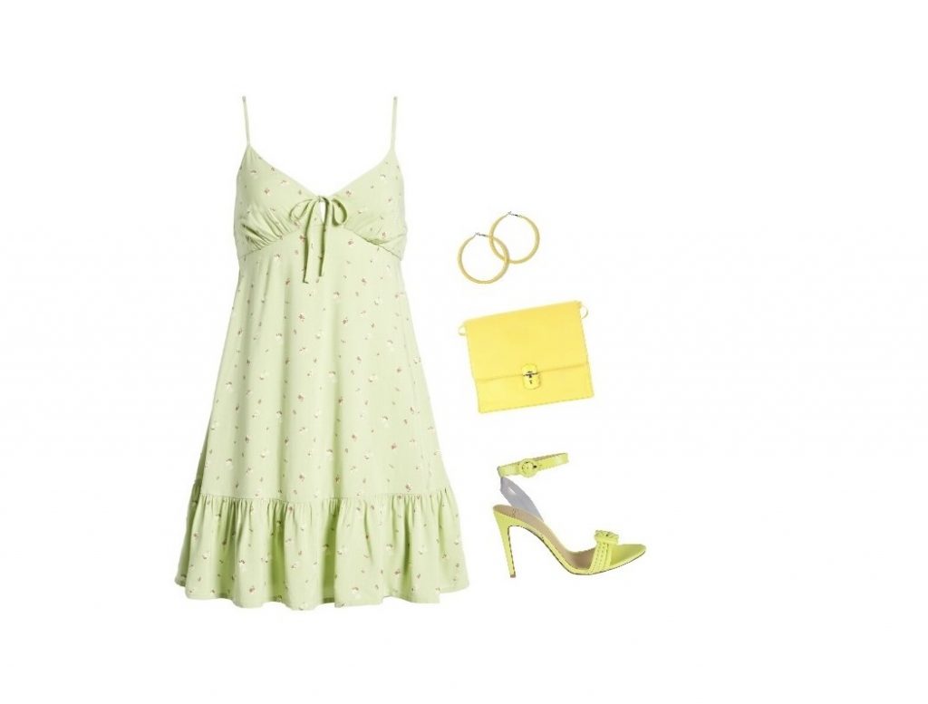 Light-green babydoll cocktail dress outfit for apple-shaped body