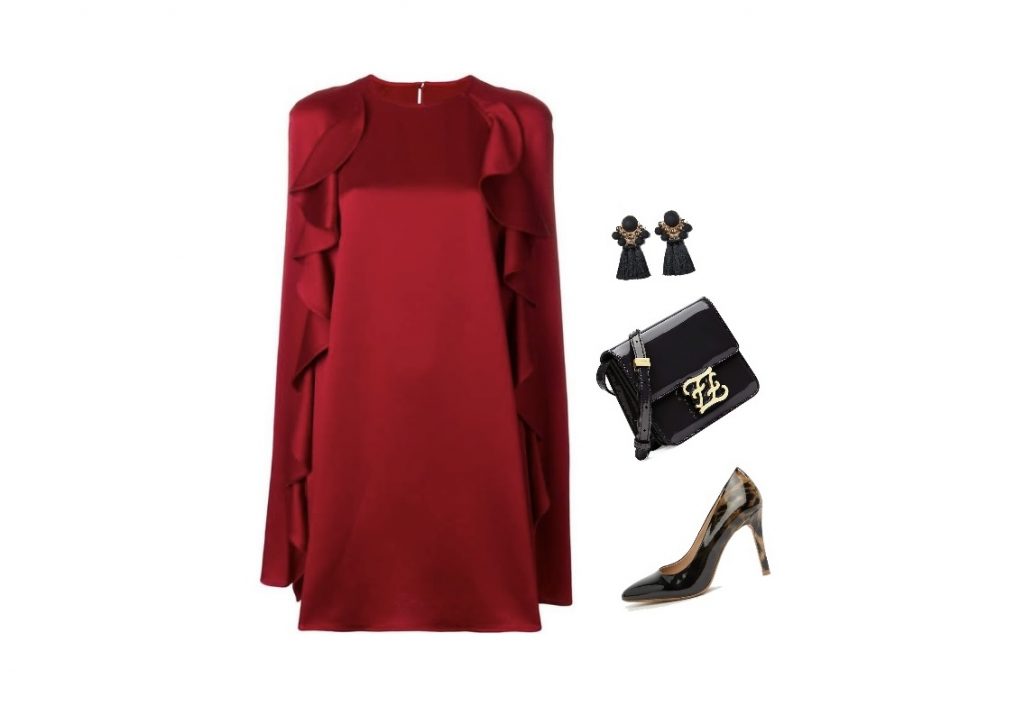 Red cape cocktail dress outfit for apple-shaped body