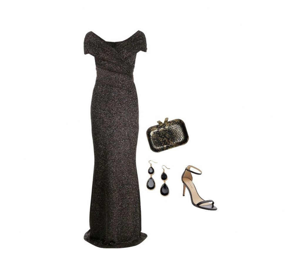 Off-shoulder black glitter maxi cocktail dress for apple-shaped body