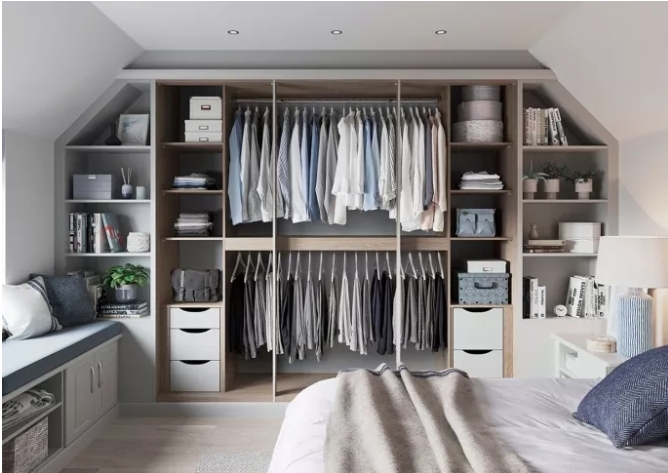 Built-in wardrobe loft apartment storage idea