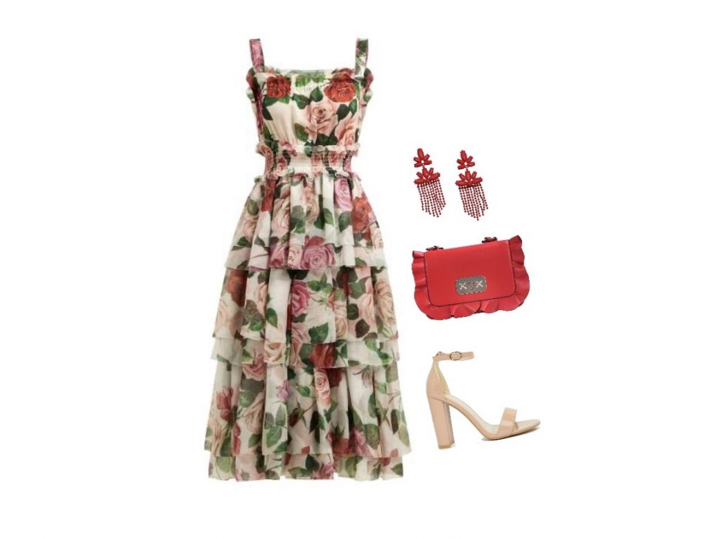 Floral tea-length cocktail dress for apple-shaped body with ruching