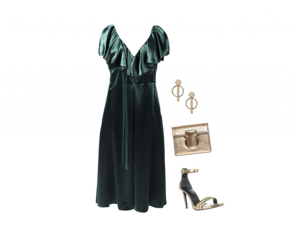 Dark-green wrap tea-length cocktail dress for apple-shaped body