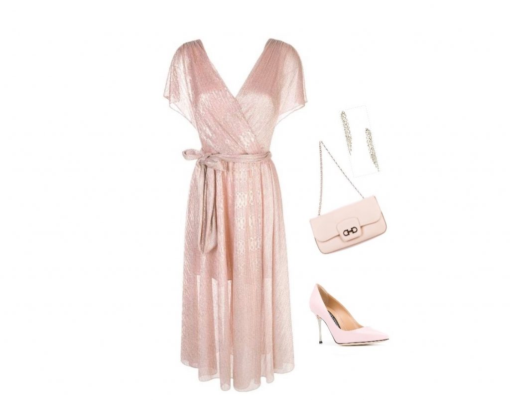 Pink wrap midi cocktail dress for apple-shaped body