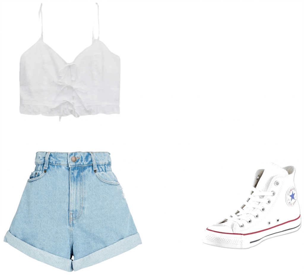 Outfit idea with mom-style denim shorts for big thighs