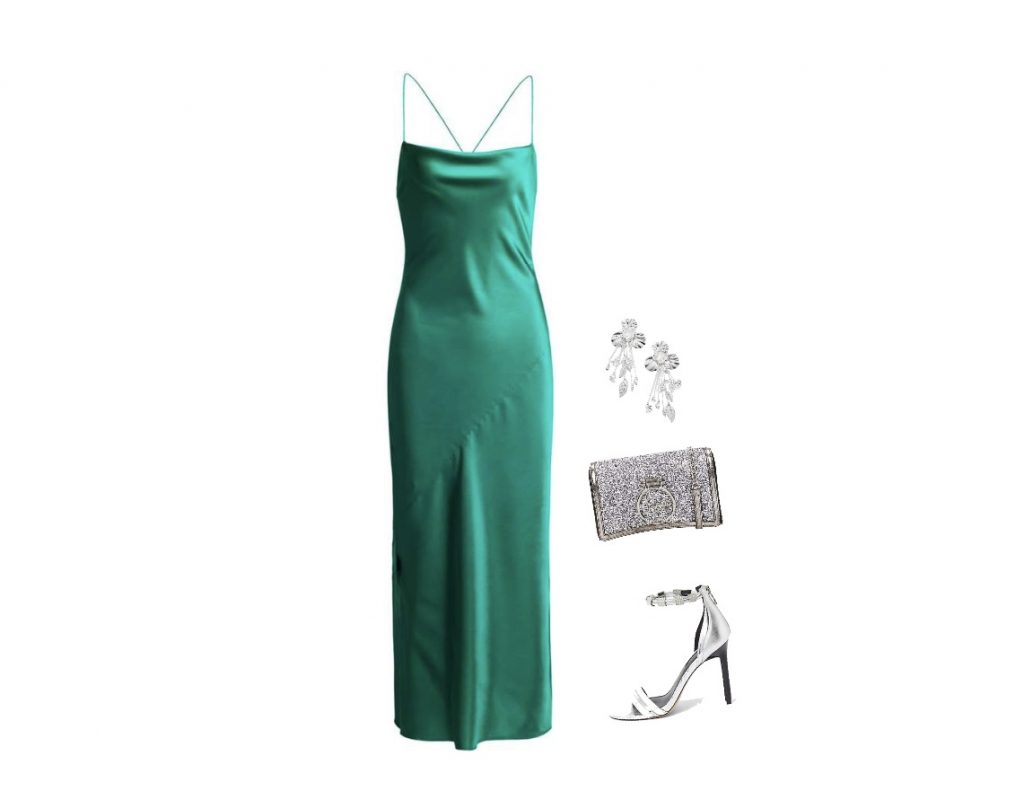 Long emerald silk cocktail dress for apple-shaped body