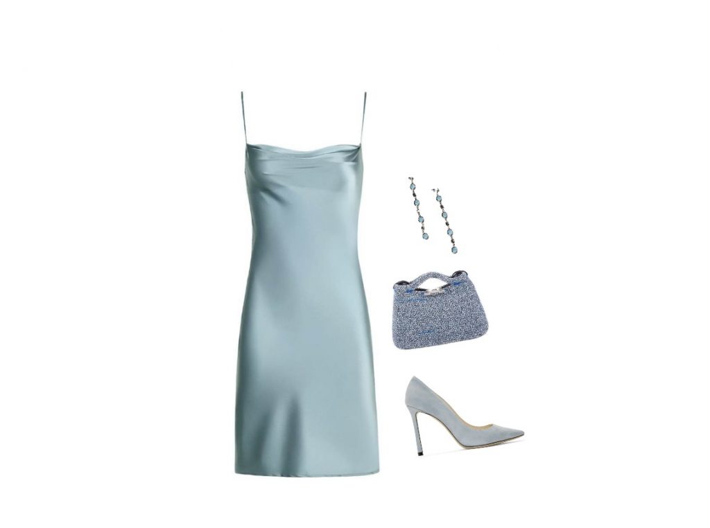 Pastel-blue silk midi cocktail dress for apple-shaped body