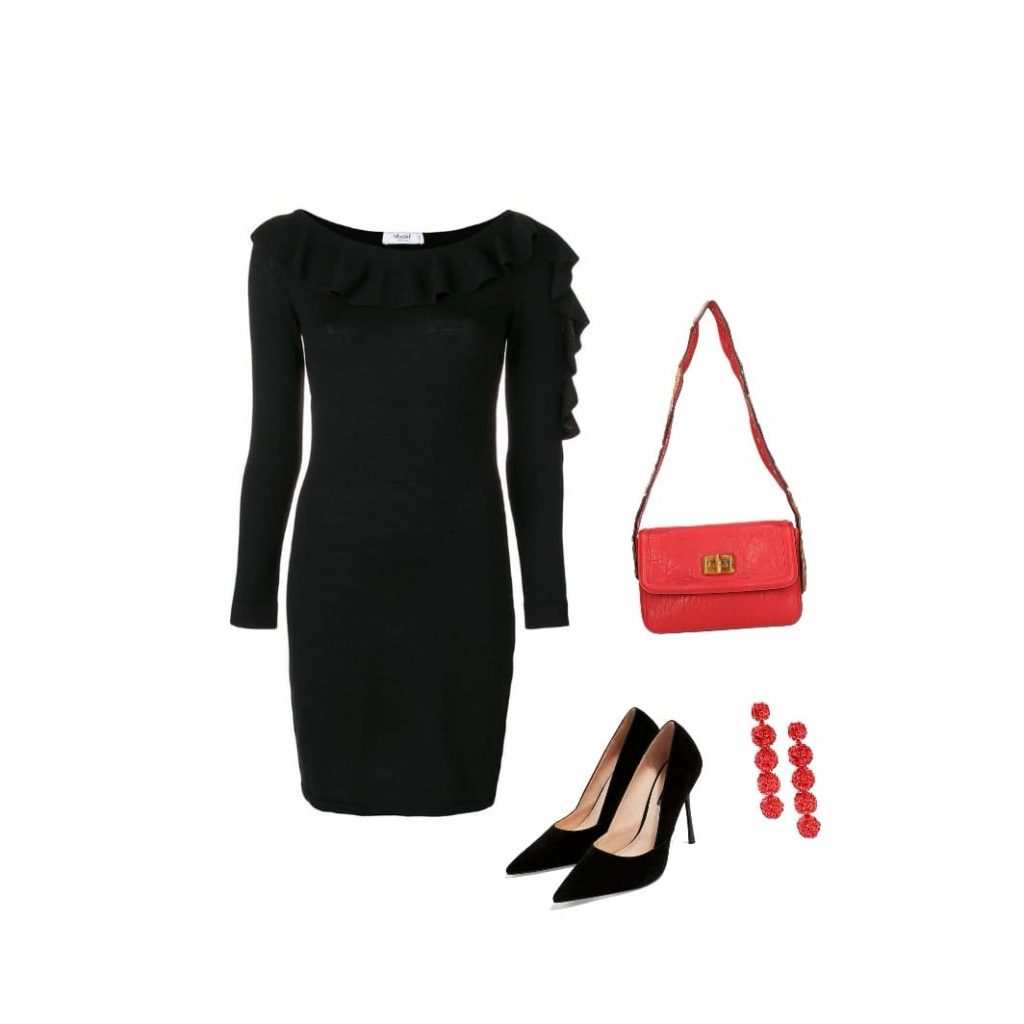 Black bodycon dress with ruffleed sleeves winter outfit idea