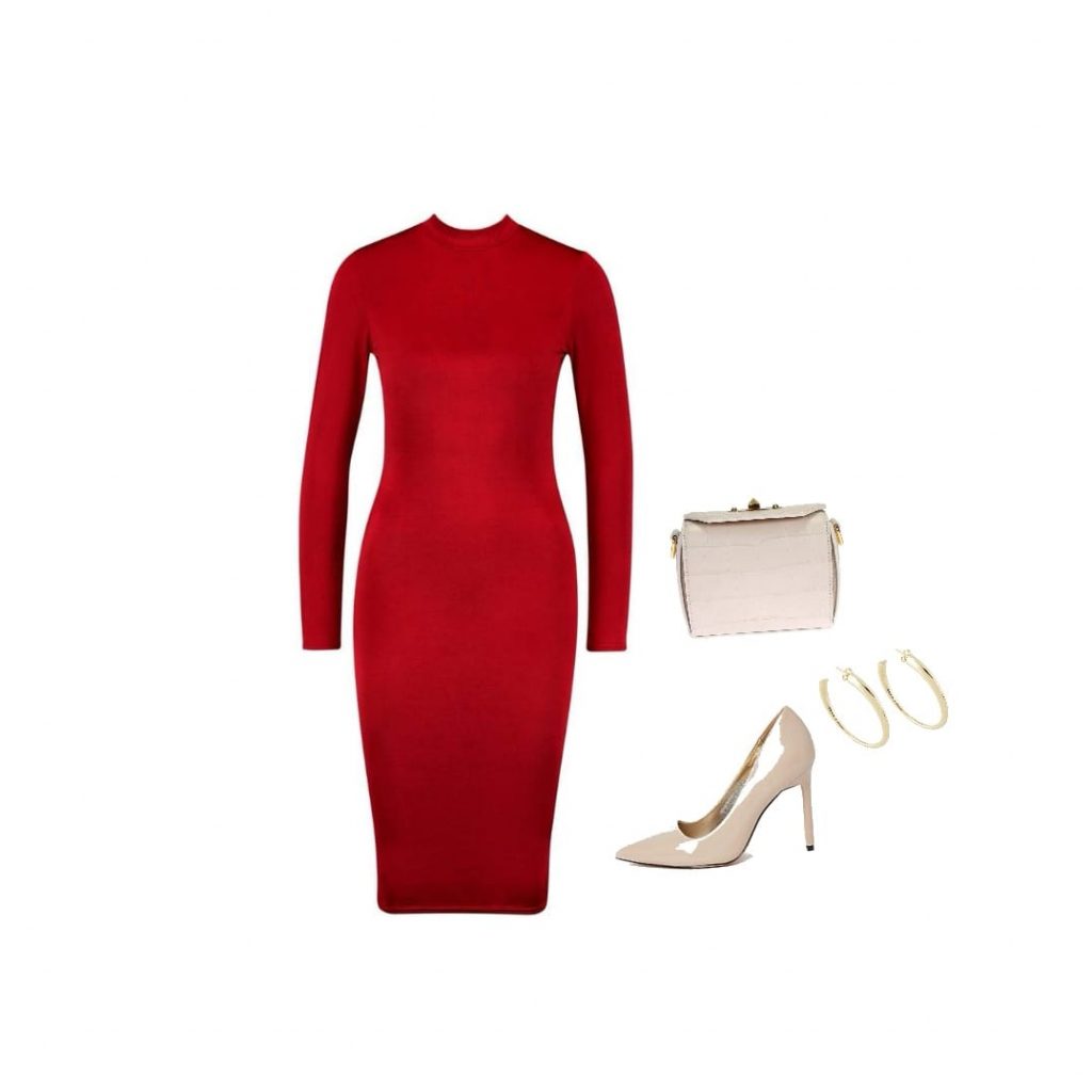 Red bodycon dress beige high heels winter outfit idea